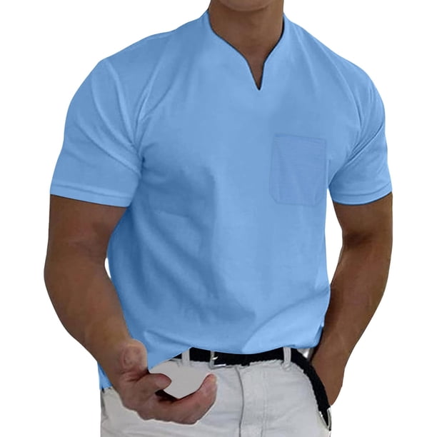 Prolriy Camisetas para hombre Primavera Verano Casual Cuello en V Sólido Manga Corta Camiseta Blusa Superior Camisas para hombre Azul 2 M