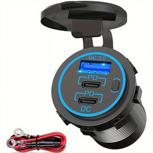 HLONK Double QC3.0+PD+Switch Modification Chargeur de voiture Blue Light Multi Port Chargeur rapide USB Chargeur de téléphone de voiture Adaptateur de voiture de type C Chargeur rapide USB Chargeur de voiture de port Adap