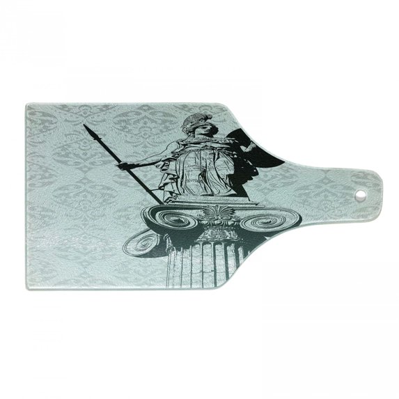 Retro Cutting Board, Athena on Baroque Background Greek Woman on Classic Damask Pattern, Decorative Tempered Glass Cutting and Serving Board, Wine Bottle Shape, Pale Turquoise Black, by Ambesonne