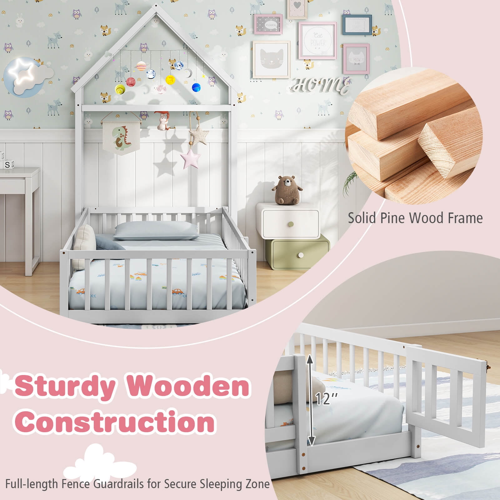 Infans Twin Size House Floor Bed w/House-shaped Headboard Clothes Hanger without Slats
