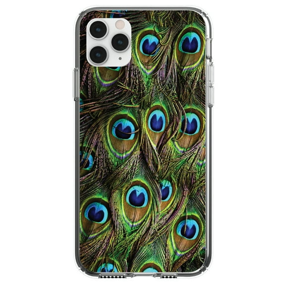 DistinctInk Clear Shockproof Hybrid Case for iPhone 11 Pro (5.8" Screen) - TPU Bumper, Acrylic Back, Tempered Glass Screen Protector - Peacock Feathers - Animal Print