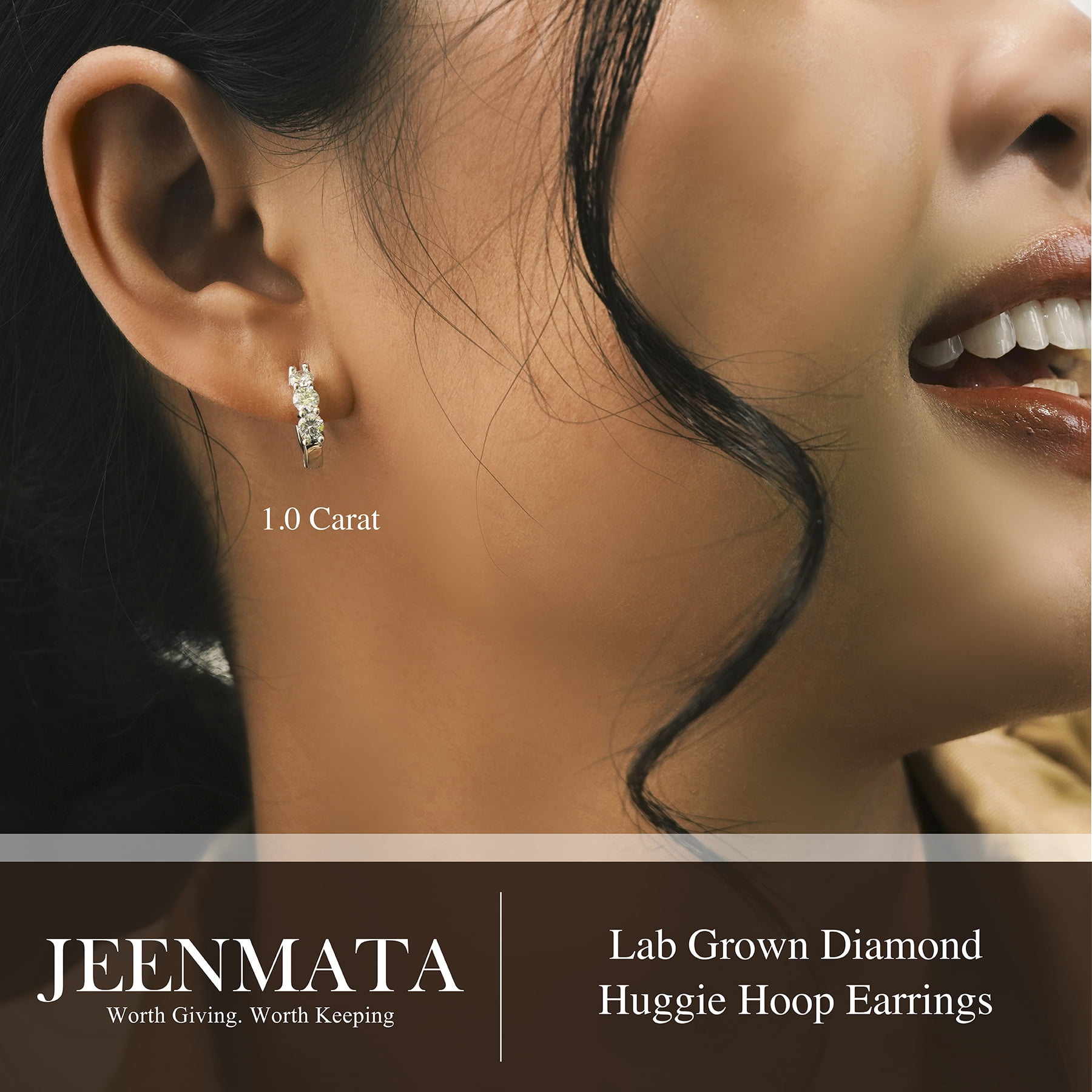 JeenMata 1 Carat Lab Grown Diamond Huggie Hoop Earring - Round Cut Three Stones Huggie Earrings in 18K White Gold Plating for Women, Gift for Her