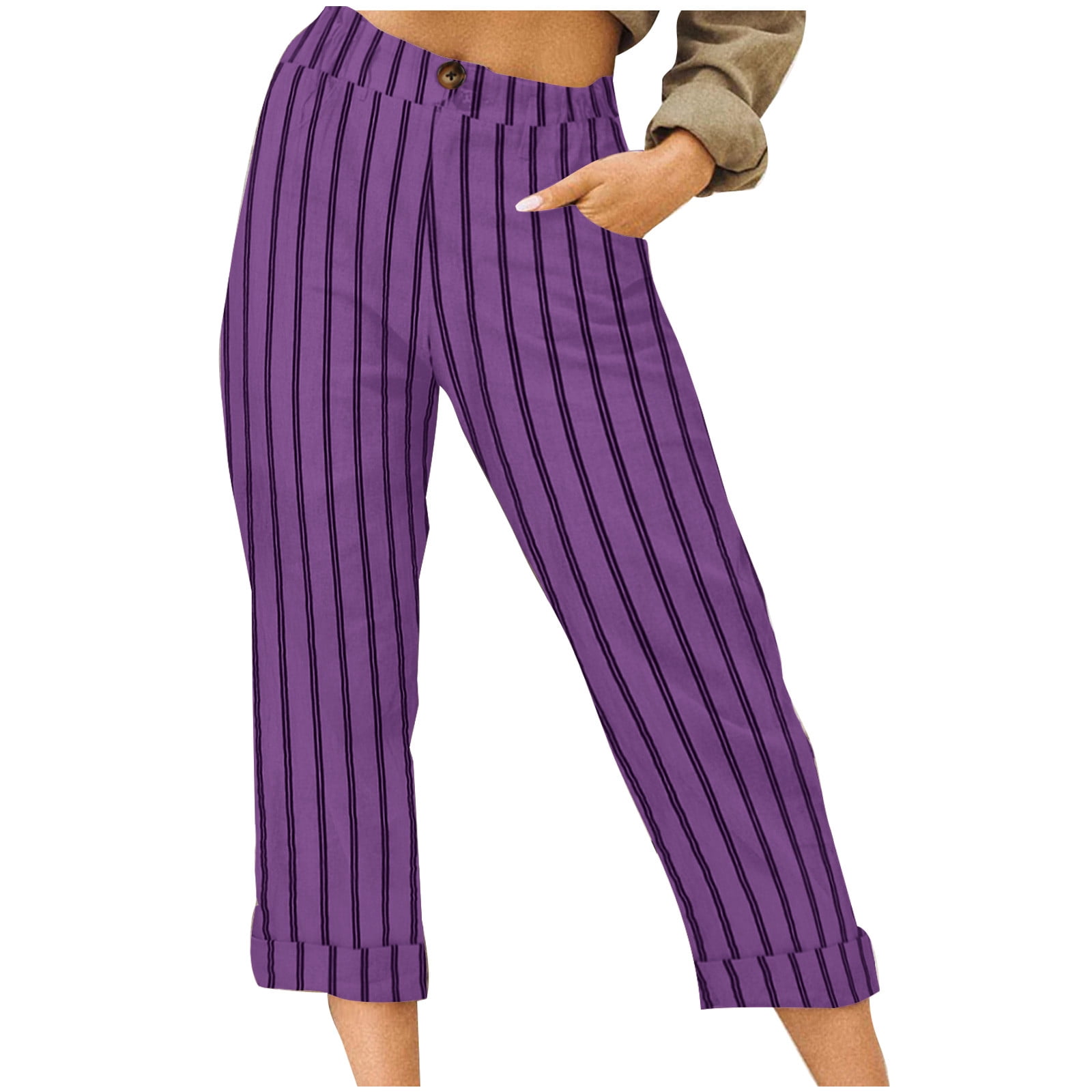 JMKQLZ Fashion Womens Casual Stripe Elastic Loose Pants
