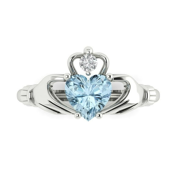 1.05 ct Heart Cut Natural Swiss Blue Topaz Claddagh 14K White Gold Womens Engagement Ring