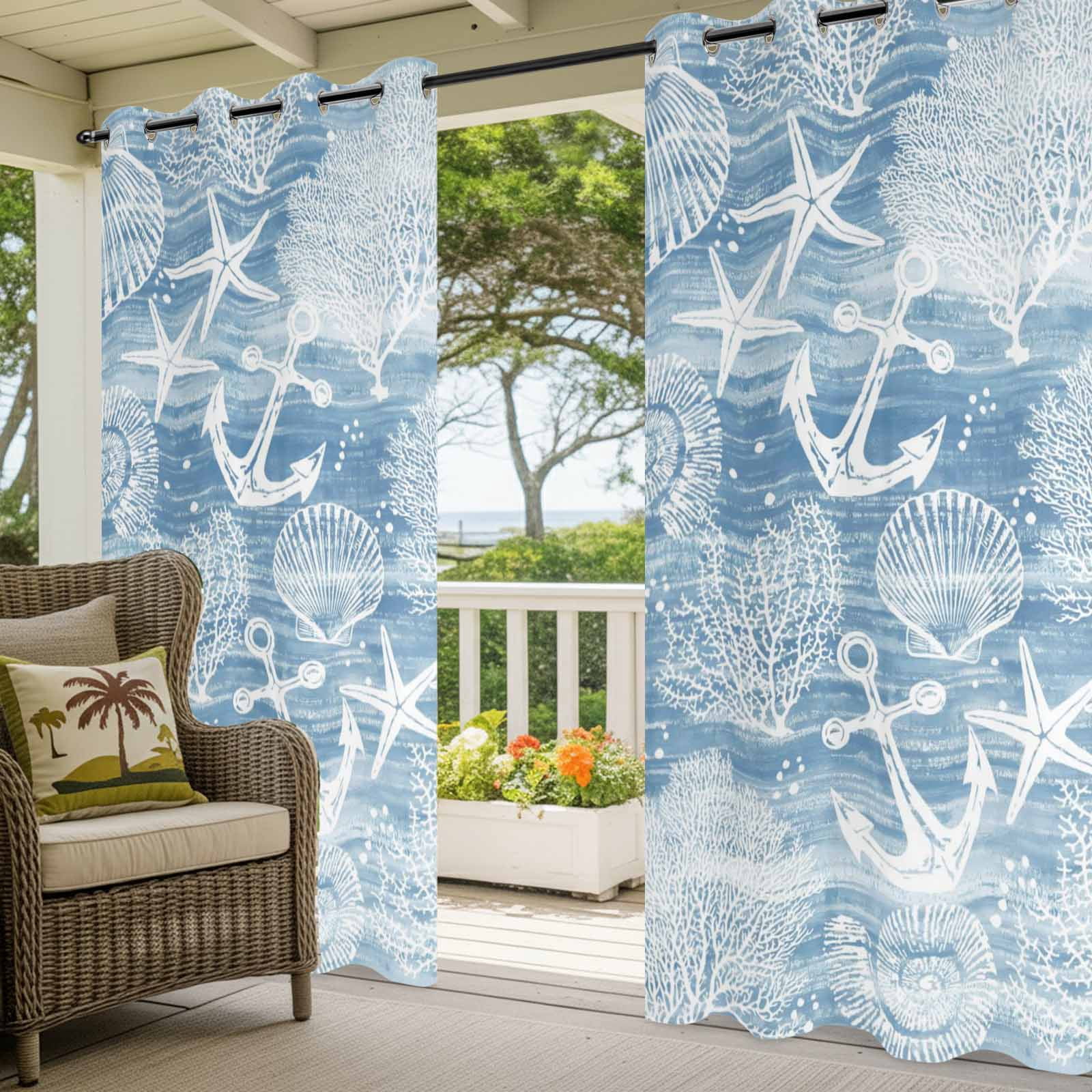 Summer Blue Ocean Outdoor Curtains for Patio, Vintage Nautical Sea Anchor Coral Shell Starfish Sunshade Privacy Drapes Grommet Waterproof Outside Curtains for Porch/Cabana/Balcony 54"x 108", 1 Panel