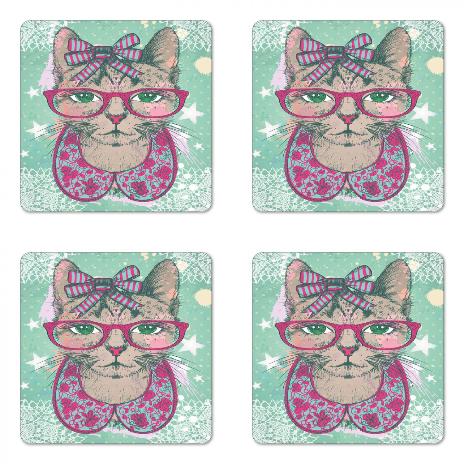 Cat Coaster Set of 4, Fashion Cat in Hipster Glasses and Lace ...