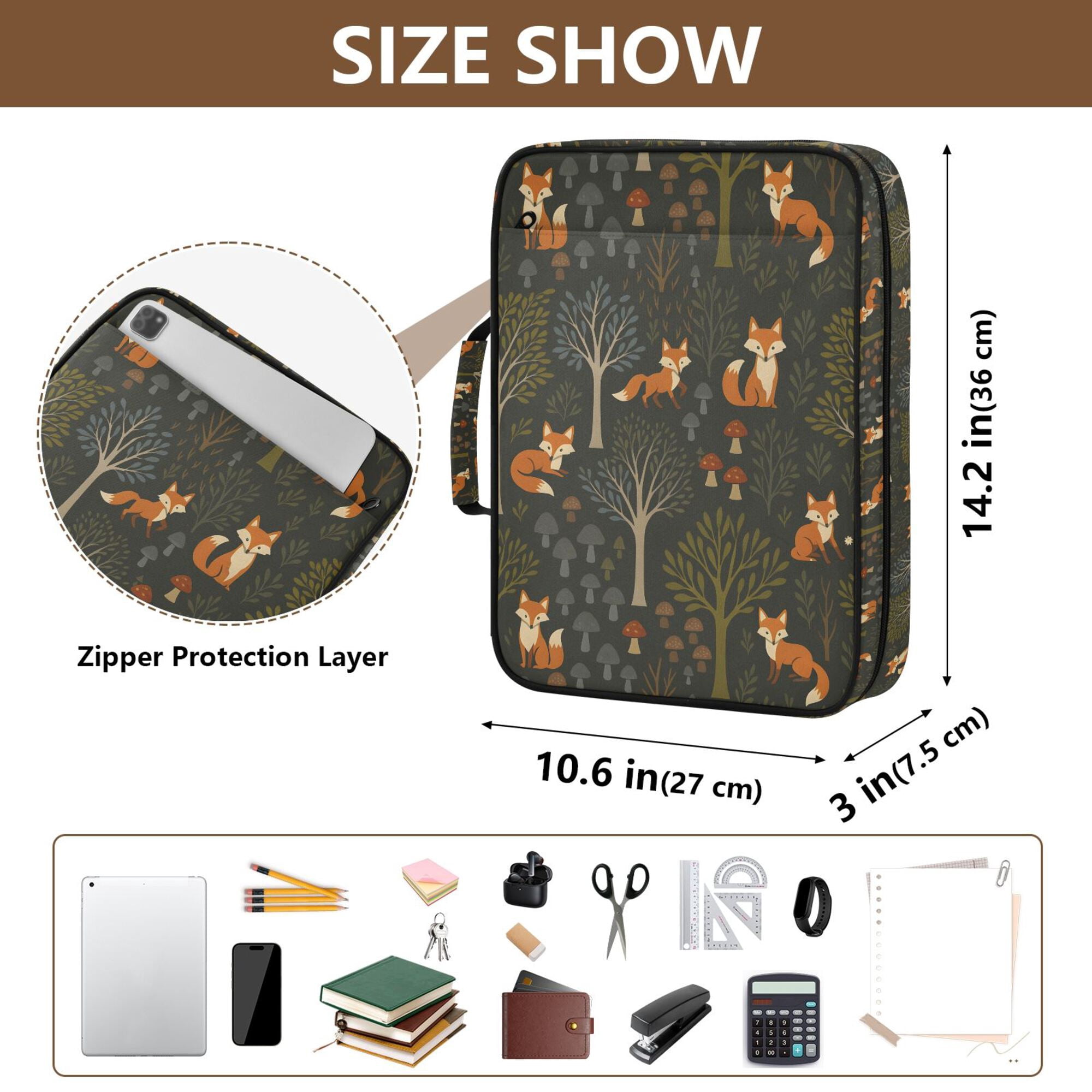 FORMRS Accordion File Folder A4 Size 7-Pocket Expanding Document Organizer Bag with 3 Ring Binder, Green Forest Fox Pattern