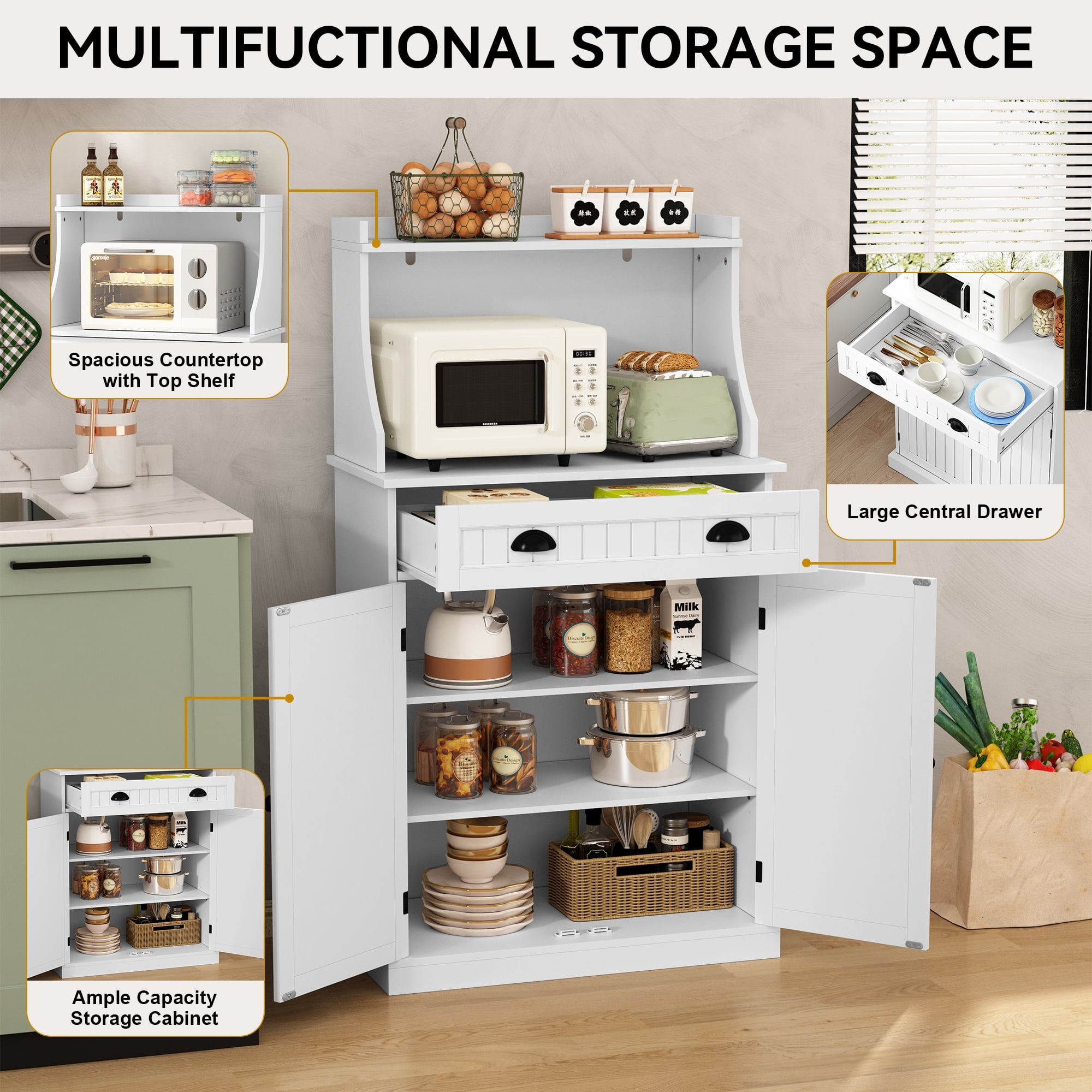 CBJCBJ 54" Kitchen Pantry Cabinet with Door & Shelves, Sideboard Buffet Cabinet with Microwave Stand for Dining Room, White