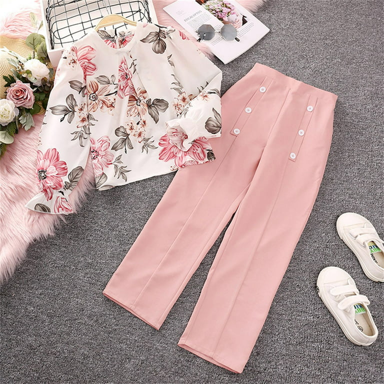 Winter Outfits Teens Girl Outfits Toddler Kids Girls Long Ruffled Sleeve  Flower Print Tops Solid Pants Outfits Set 2PCS Baby Girl Clothes Packages 