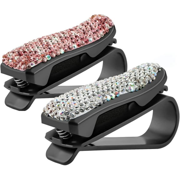 2 Pack Bling Sunglasses Holder for Car Sun Visor, Universal Sparkling Auto Vehicle Glasses Clip, Eyeglasses Hanger Mount with Ticket Card Clip
