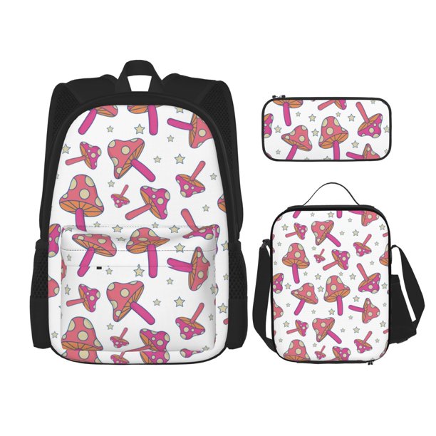 Easygdp Purple Mushroom Mochila para Niños y Niñas con Set de Caja de Almuerzo y Estuche para Lápices 3 en 1, Mochila Escolar Estampada para Adolescentes