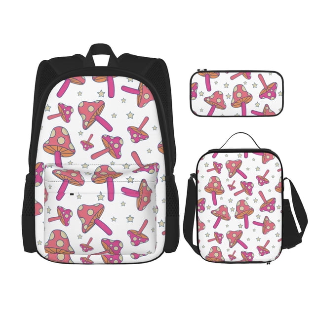 Easygdp Purple Mushroom Mochila para Niños y Niñas con Set de Caja de Almuerzo y Estuche para Lápices 3 en 1, Mochila Escolar Estampada para Adolescentes