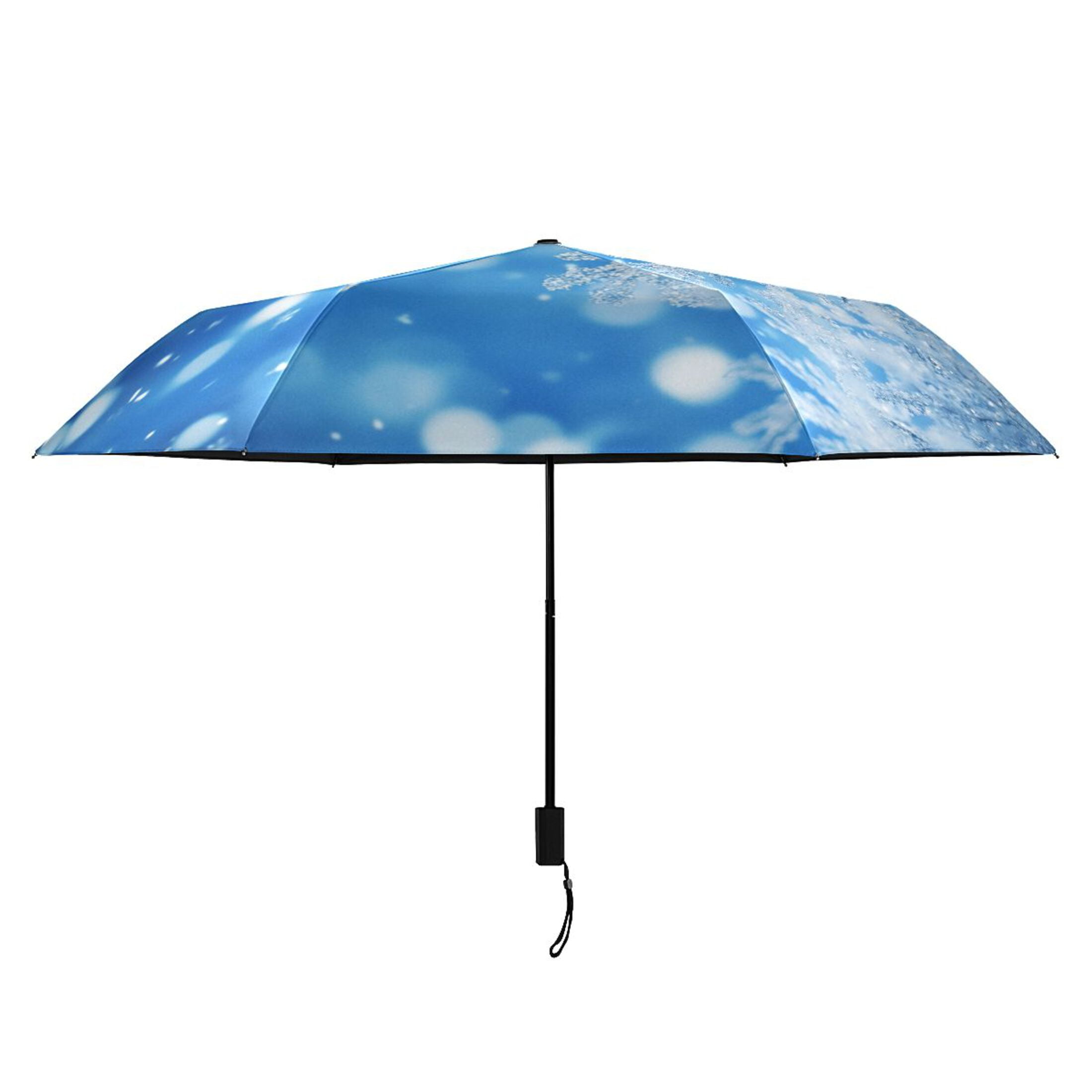 Blue Snowflakes All Weather Umbrella Triple Folding Parasol 6 Ribs UV Protection Portable