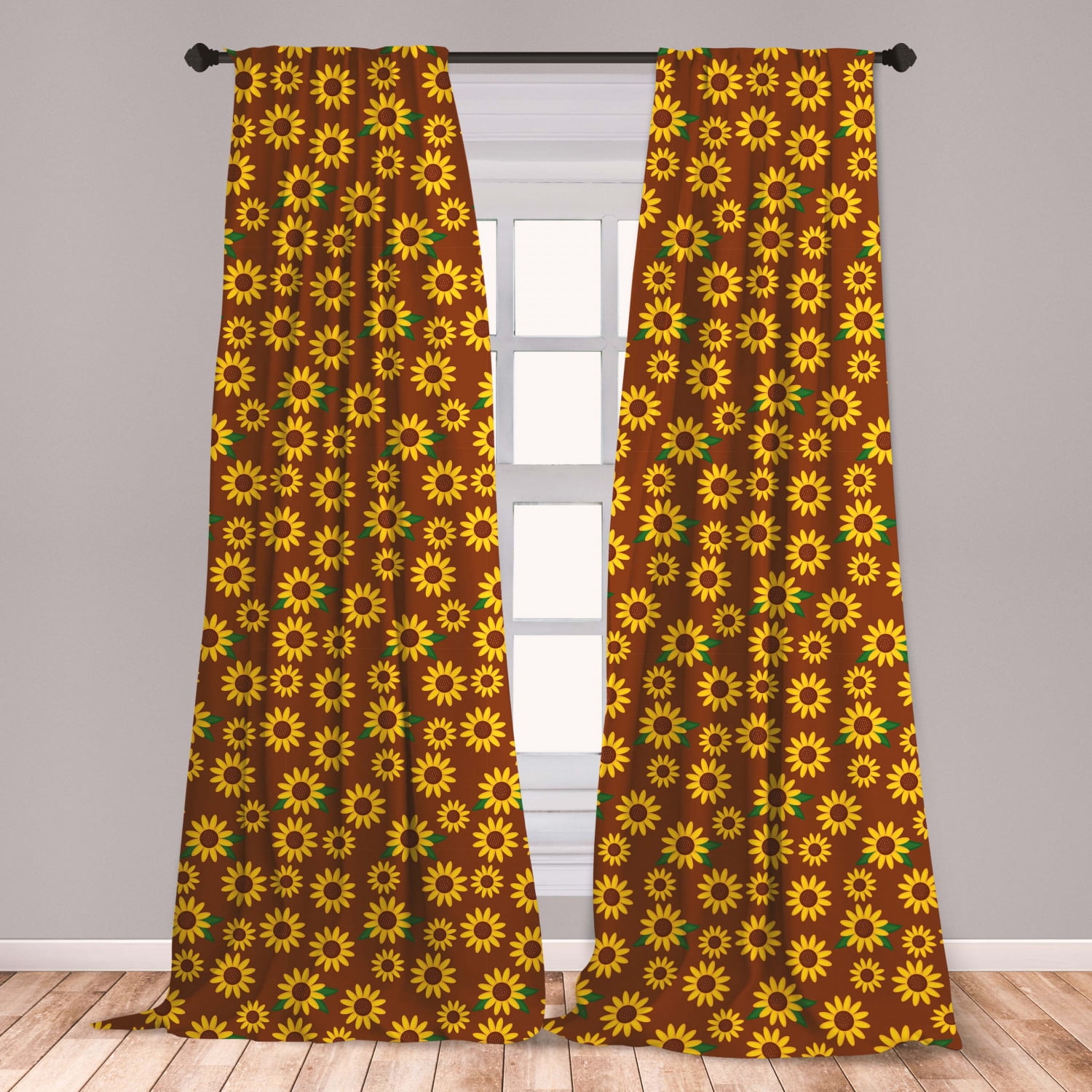 Sunflower Curtains 2 Panels Set, Cartoon Blossoms Lively Petals and