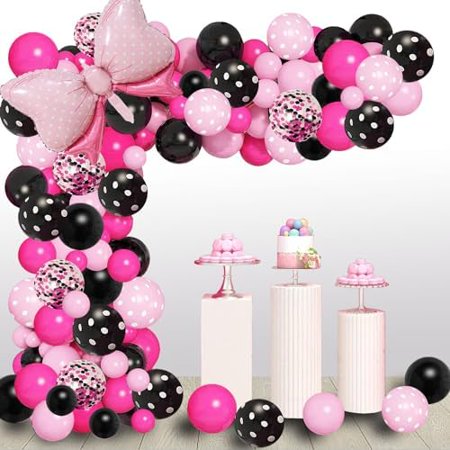 Pink Mouse Balloon Garland Arch Kit Birthday Party Supplies Pink Black Balloons, Black Rose Red Bow Foil Balloons for Birthday Decorations and Baby Shower Party Supplies