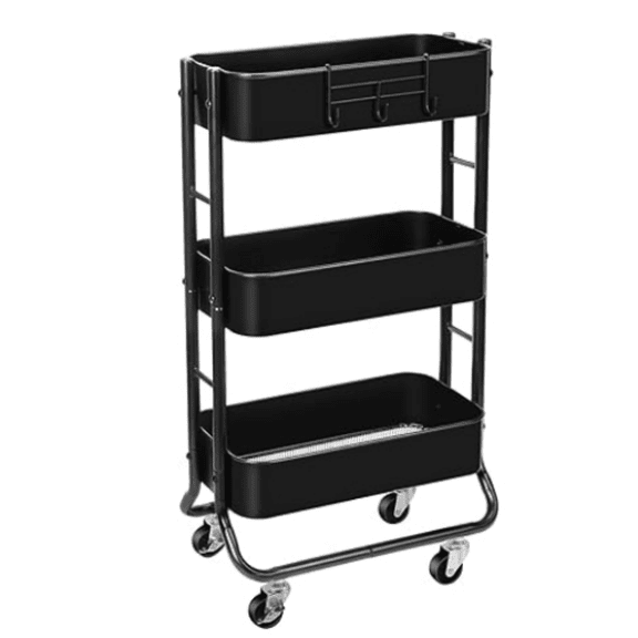 Slim 3-Tier Rolling Utility Cart, Narrow Metal Storage Cart with Wheels, Multifunctional Organizer Cart, Bathroom Storage Cart with Extra Hook, Laundry Room, Kitchen, Small Space(Black)