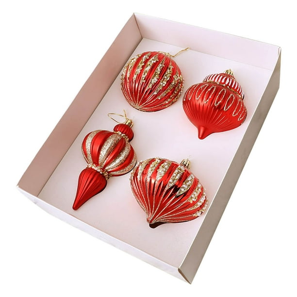 Juego de adornos de bola de Navidad 4PC | Formas variadas galvanizadas y pintadas a mano | Plástico duradero, decoración elegante para árboles navideños, decoración festiva versátil, brillo duradero