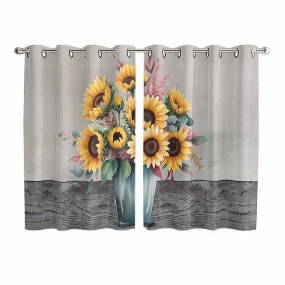 Sunflowers Kitchen Curtains Window Panels, Spring Botanical Yellow Floral Vases Retro Insulated Window Treatment Curtain, Grommet Curtains for Bedroom/Living Room/Bathroom, 2 Piece 52"Wx63"L