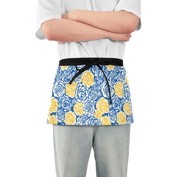 Server Apron with 3 Pockets Waterproof Waitress Waist Short Apron for Man Woman Blue Yellow Rose 12 Inches