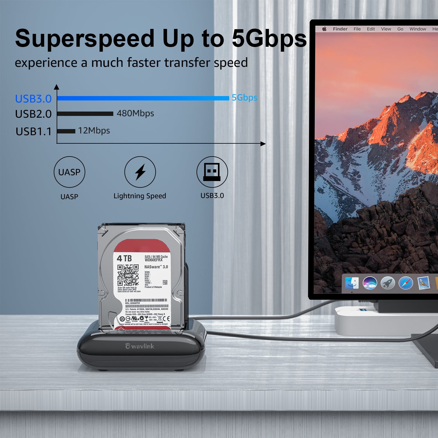Wavlink External Hard Drive [ 2x16TB ] Dock, 5Gbps USB 3.0 to SATA I/II/III Dual Bay Hard Drive Adapter with Offline Clone Function