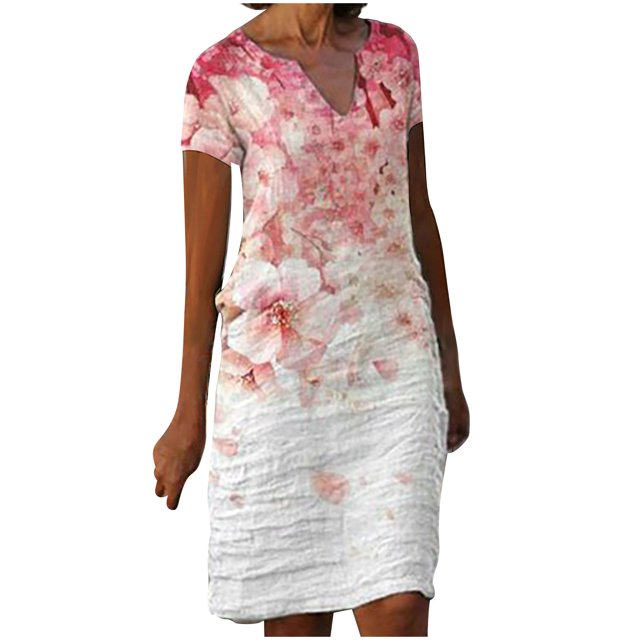 Vestidos Para Mujer Vestidos Casuales Mangas Cortas Flores de Moda Vestido de Cintura Estampado Vestido Con Cuello en V Vestido Hasta La Rodilla Odeerbi ODB154200