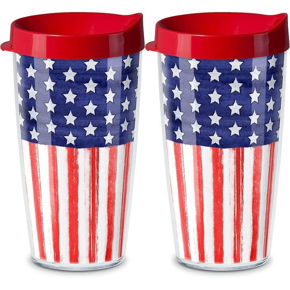 First Dawn Double Wall Insulated Unbreakable Plastic Travel Tumbler with Lid Holds 16 Fluid Ounces BPA Free Microwave Safe Dishwasher Safe Set of 2 Patriotic Flag Design