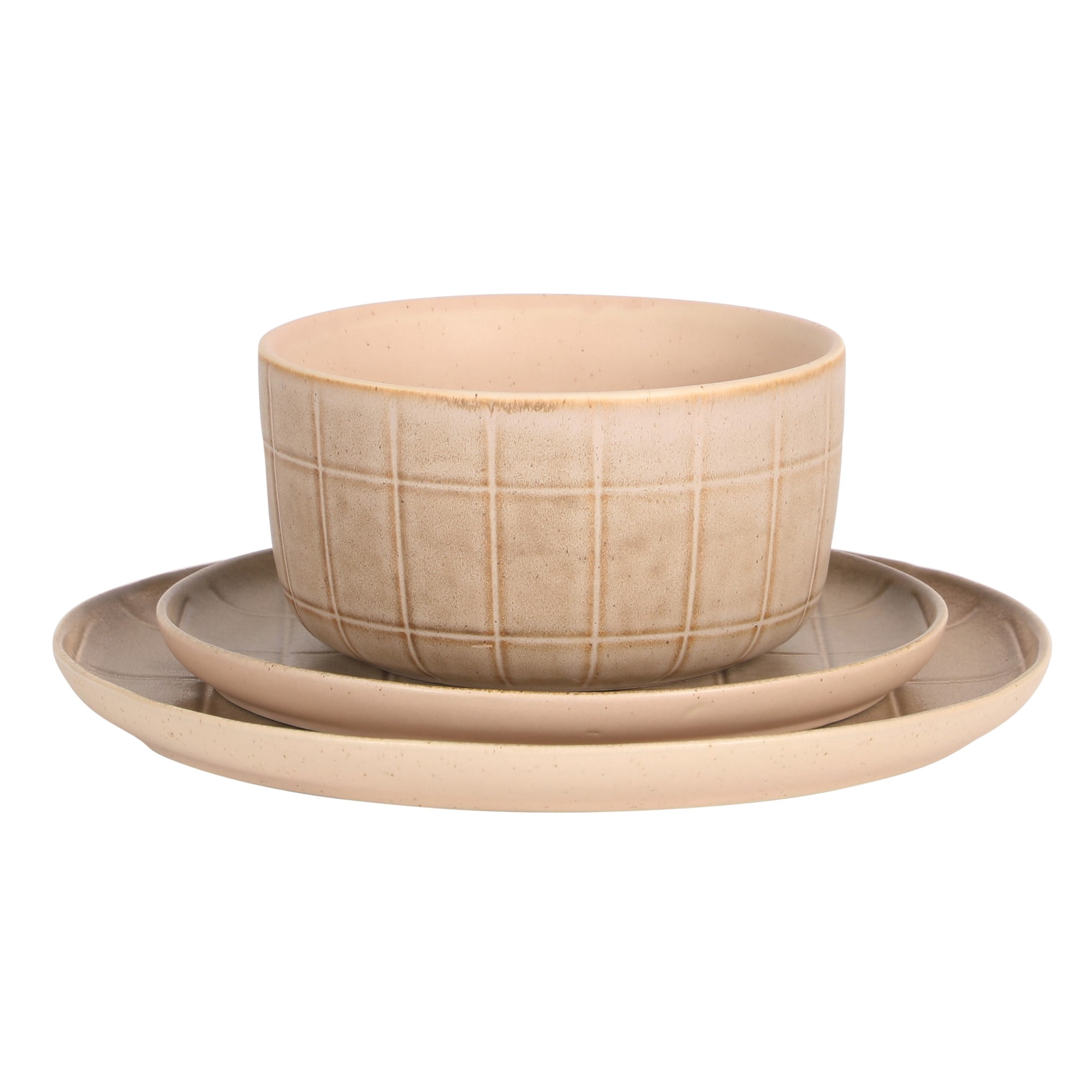 Gisbon Elite Butterwick 12 Piece Plates and Bowls Stoneware Dinnerware Set - Taupe Reactive Glaze Patterned Dishes - Microwave and Dishwasher Safe