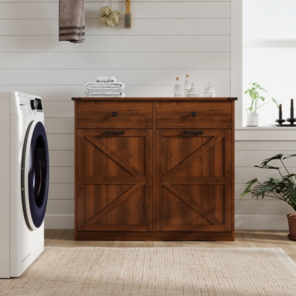 Farmhouse Double Tilt-Out Trash Cabinet, 2 x 10 Gallon Hidden Garbage Can Storage, Recycling Cabinet with Drawers, Barn Door Style, Walnut