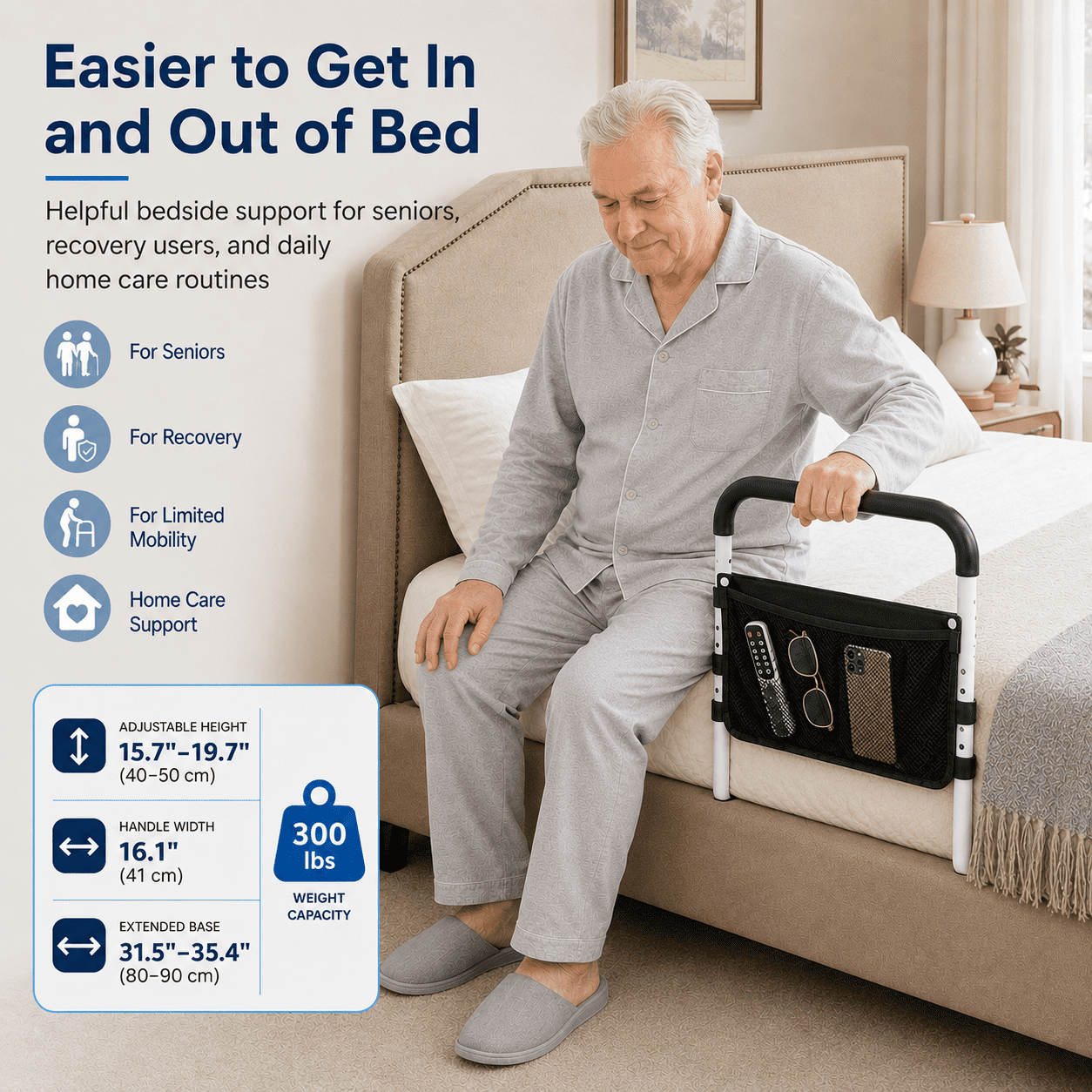 Bed Rails for Elderly Adults, Adjustable Bed Assist Rail for Seniors with Non-Slip Foam Handle, 300 lbs Bedside Safety Rail with Extended Base, Mesh Pocket & Securing Strap for Queen King Twin Beds