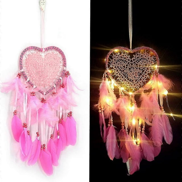 Feather Dream Catcher, Feather Dream Catcher With Led Light, Heart Shape, Handmade Exquisite Feather
