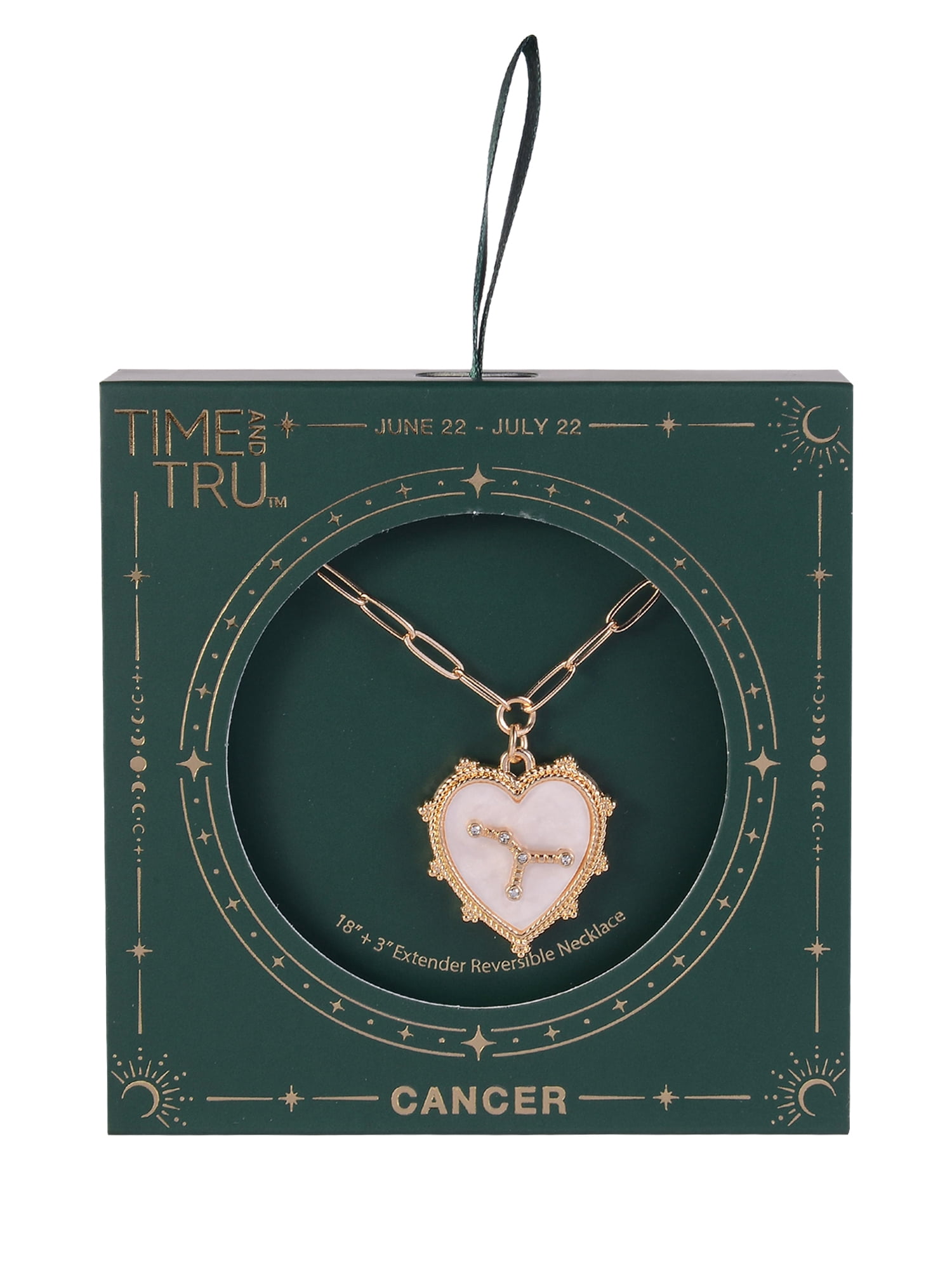 Time and Tru Women's Oval Link Chain Heart with Stone and Inset Constellation "Cancer" Goldtone Reversible Necklace