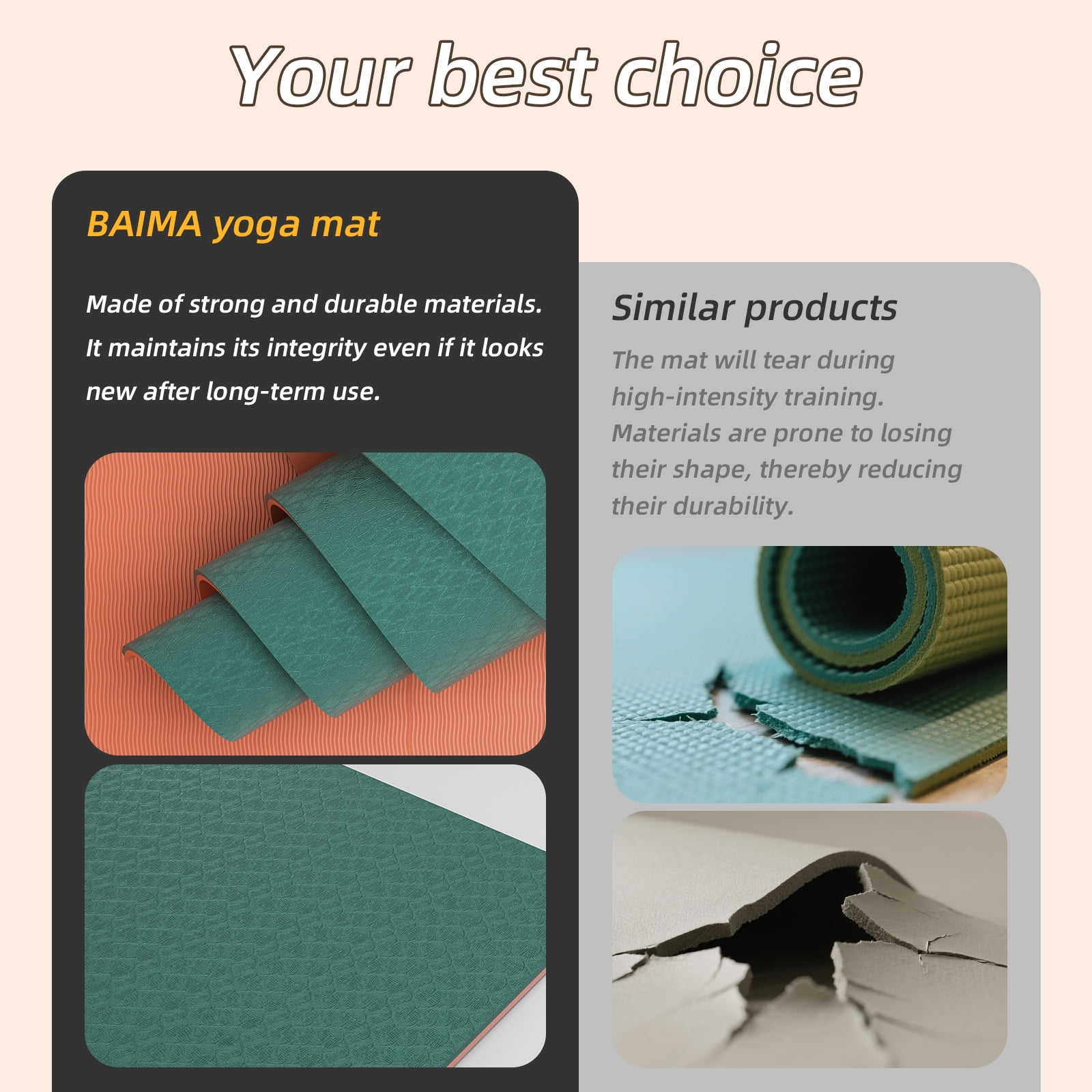 BAIMA TPE Yoga Mat - Tear-Resistant, Lightweight, Non-Slip Double-Sided Exercise Mat with Carry Strap(Green+Orange)