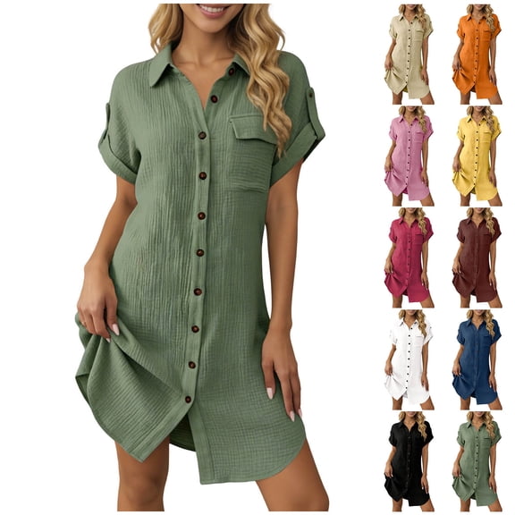 Horkkom Mini Dresses for Women Button Down Short Sleeve Shirt Dresses Summer Beach Sundresses with Pocket L
