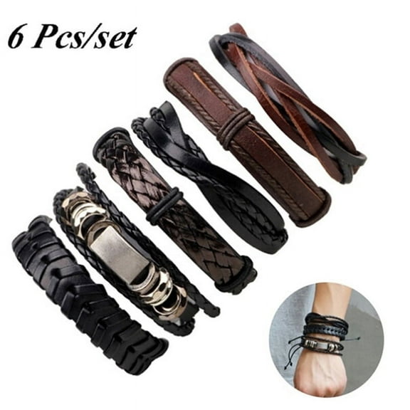 6 PCS/set Vintage Men Bracelet Multilayer Leather Rope WaxRope Braided Bracel WA