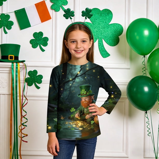Blusas y camisas de manga larga con cuello redondo, informales, con estampado del Día de San Patricio, de manga tres cuartos y cuello redondo, para niños de talla mediana y grande.