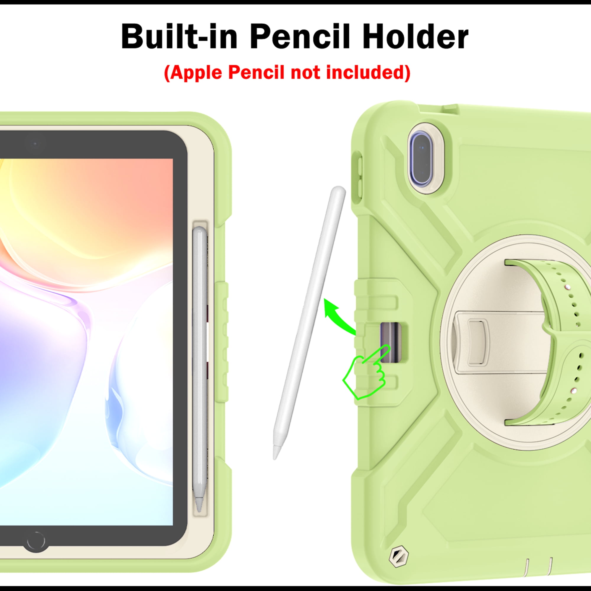Dteck Kids Case for iPad 10th Generation Case 2022, Military Grade Shockproof Rugged Cover for iPad 10th Gen 10.9 Inch with 360° Swivel Stand - Handle - Shoulder Strap - Pencil Holder,Green White