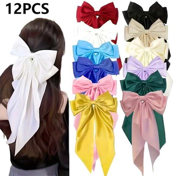 Hotpom 12 PCS Big Hair Bows Clip, Long Tails Silky Satin Ribbon Bows Elegant Hair Accessories for Everyday & Formal Events Girls Bowknot Hair Accessories