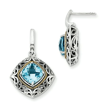 Sterling Silver w/ 14k Yellow Gold Blue Topaz Vintage Style Earrings (1.1IN x 0.7IN )