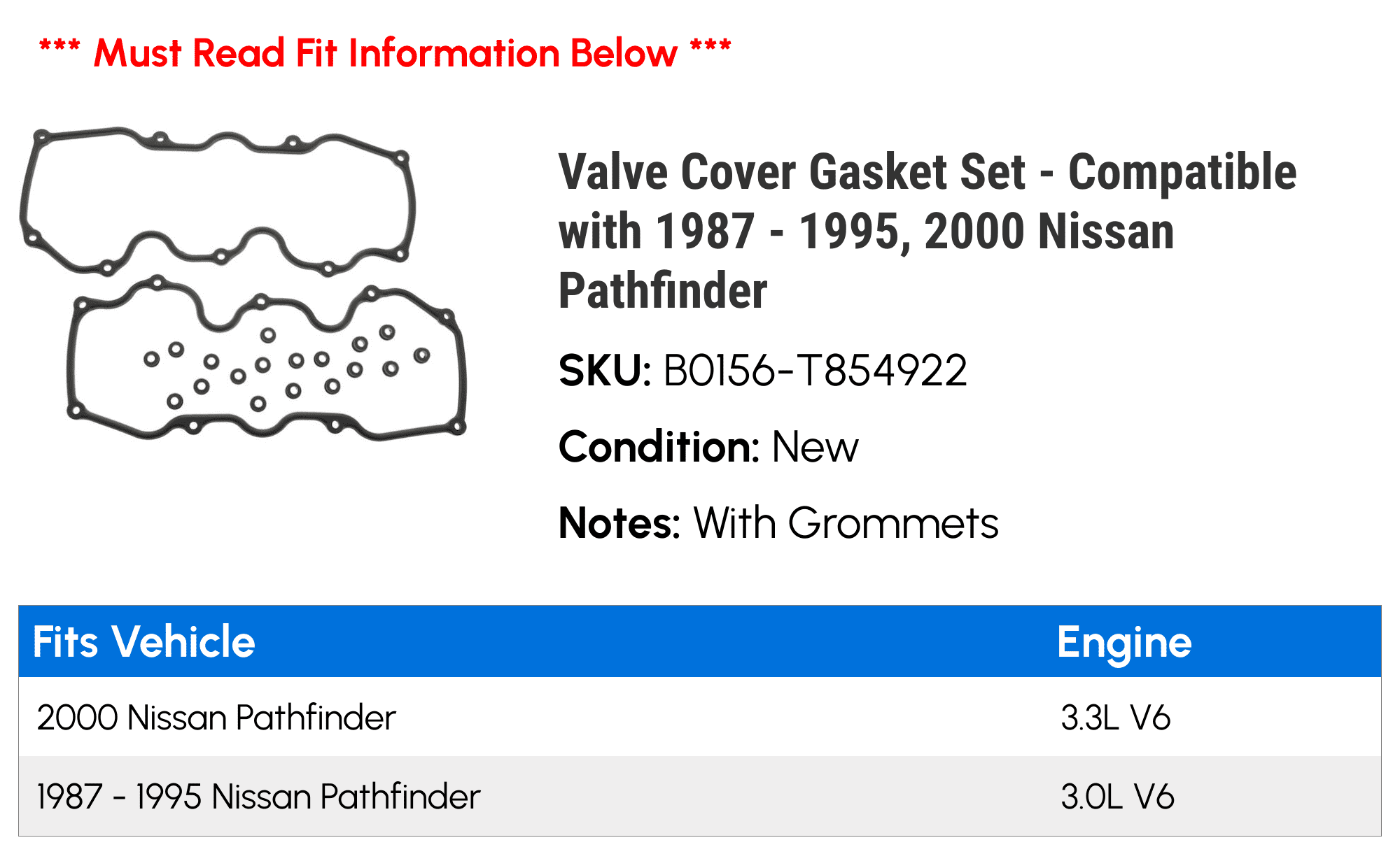 Valve Cover Gasket Set - Compatible with 1987 - 1995, 2000 Nissan Pathfinder 1988 1989 1990 1991 1992 1993 1994