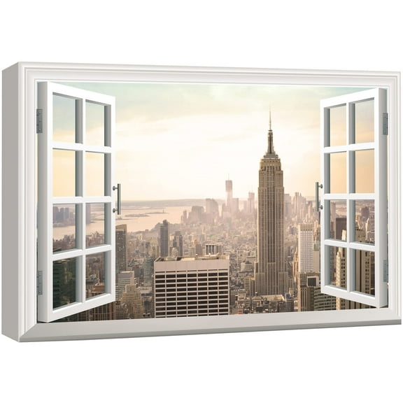 wall26 Canvas Print Wall Art Window View of New York City at Dawn Nature Wilderness Photography Realism Rustic Landscape Colorful Vibrant for Living Room, Bedroom, Office - 24"x36"