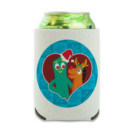 

Christmas Gumby And Pokey In Heart With Santa Hat and Red Nose Can Cooler - Drink Sleeve Hugger Collapsible Insulator - Beverage Insulated Holder
