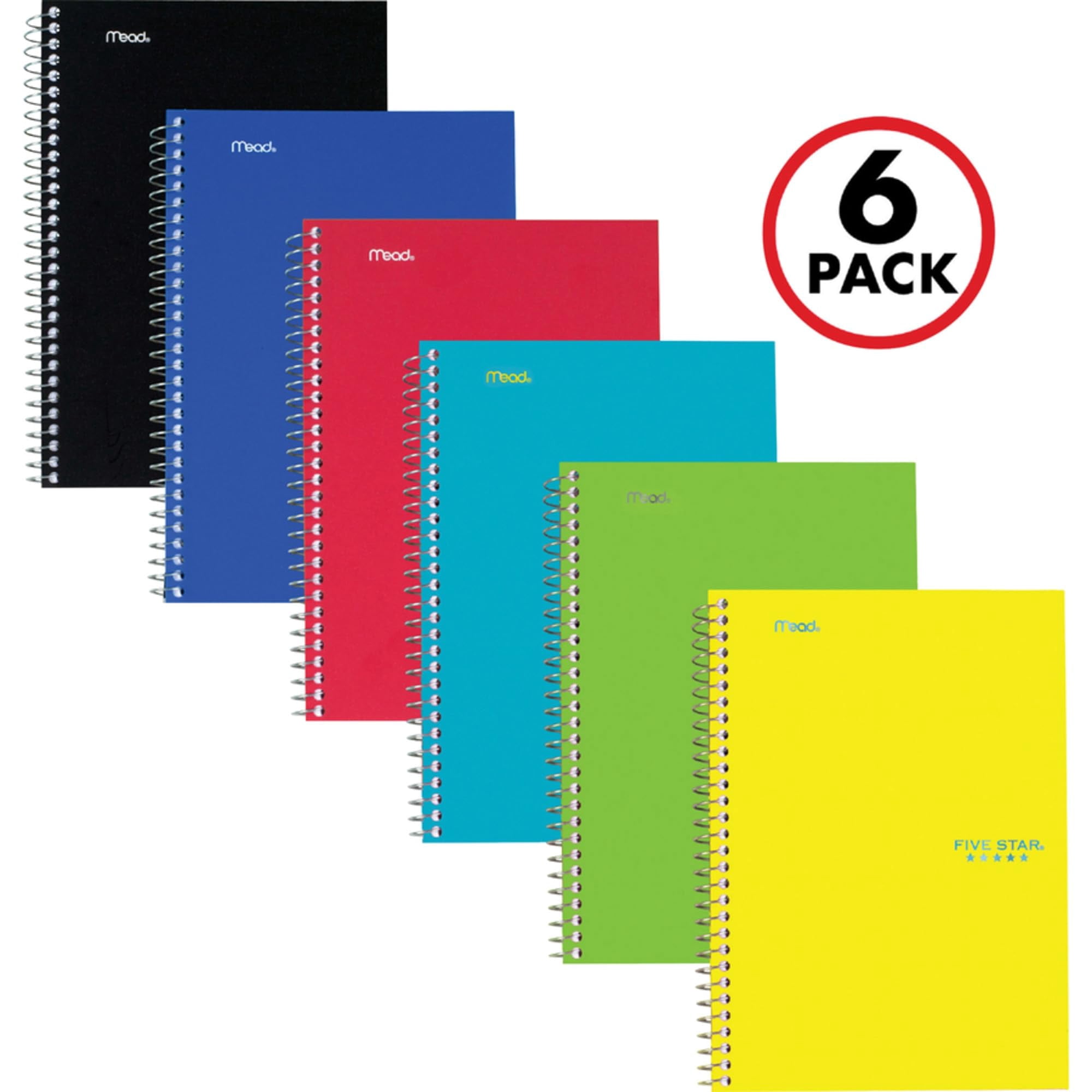 Five Star Wirebound Notebook, 2 Subject, College Ruled, 6" x 9 1/2", Assorted, 6 Pack (73711)