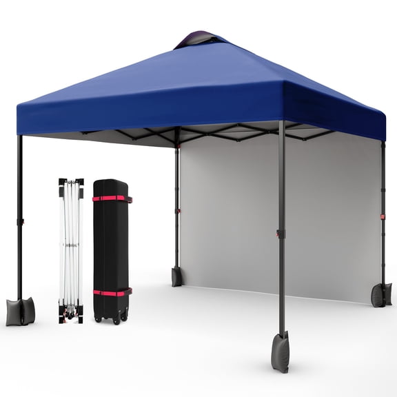 10X10 Ft Pop-Up Canopy Tent with Sidewalls & Vented Roof Easy Setup Instant Shade Shelter for Picnic, Camping, Includes Storage Bag, Sandbags, Stakes & Ropes(Black Support  navy blue Cloth)