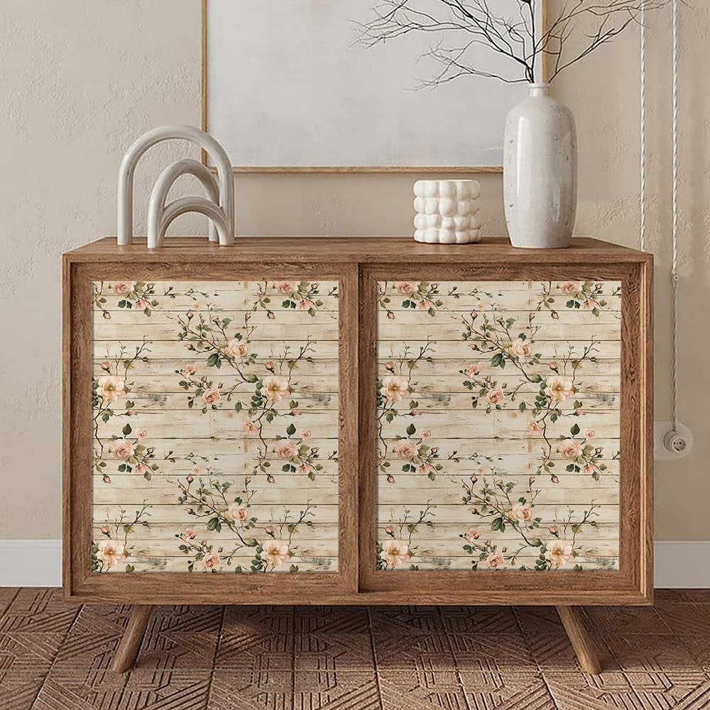 Rustic Wood Pink Wildflower Vine Rose Flower Peel and Stick Wallpaper Contact Paper Vintage Vinyl Stick on Wall Paper for Bedroom Bathroom Kitchen Cabinet Renter Friendly