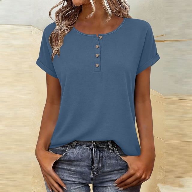 TaTaai 2026 Spring Summer Solid Color Short Sleeve Top for Women Round Neck Button Front Casual Blouse Basic Tee Comfy Daily Vacation Outfits Gift