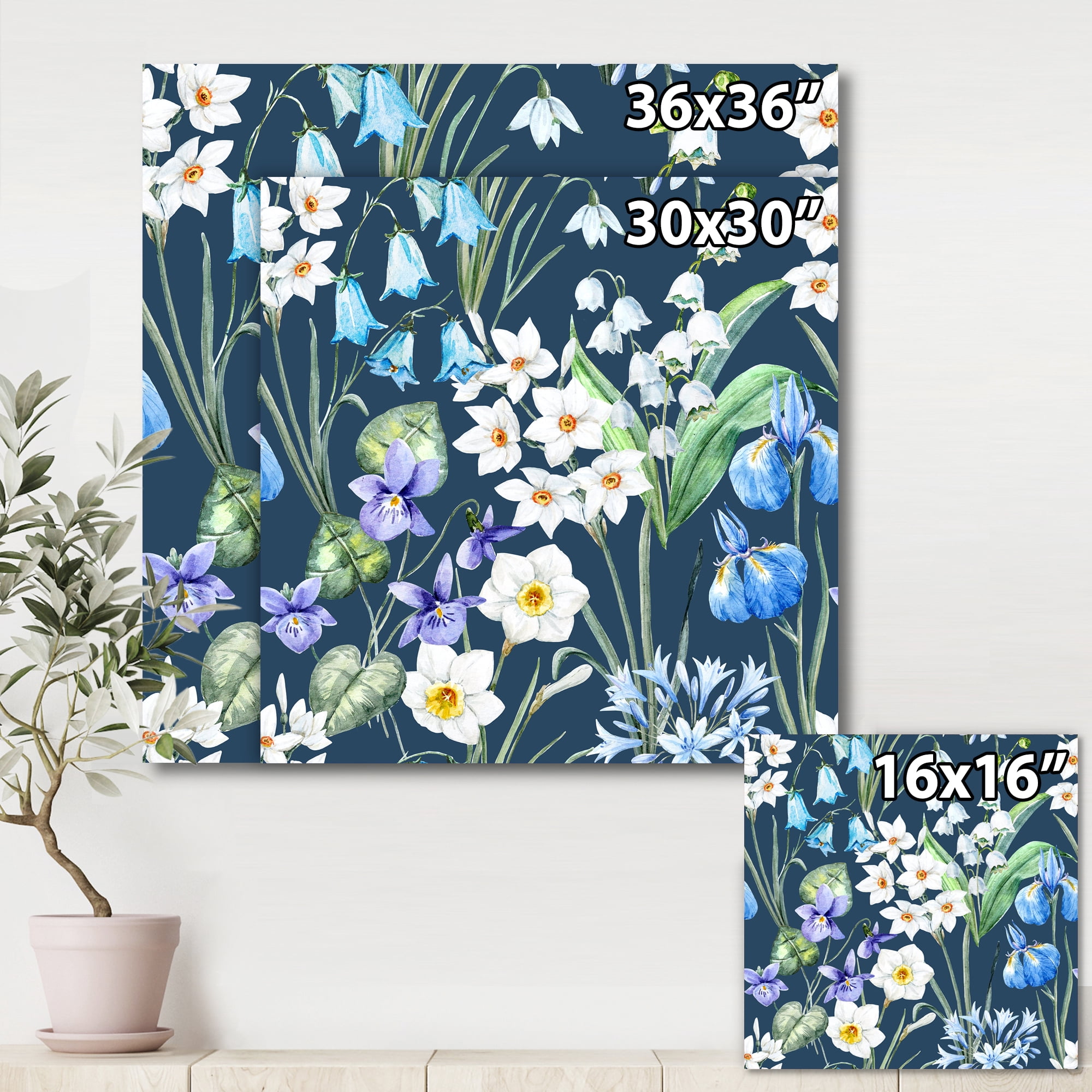 Designart ' Blue and White Spring Flowers On Dark Blue ' Traditional Canvas Wall Art Print