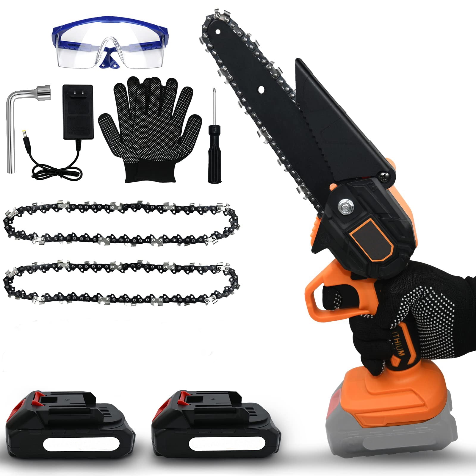 4-Inch Battery powered Chainsaw Mini Chainsaw Cordless Handheld Portable Electric chain saws for Wood Cutting Splash Guard & Switch Security Lock Tree Pruning 2 Pcs 24V Rechargeable Battery 