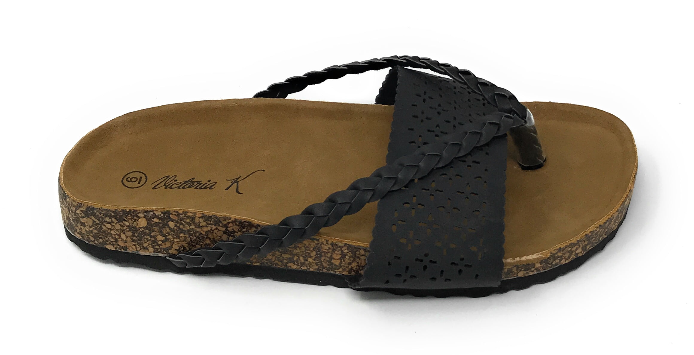 Victoria K Women's Laser Cut Out With Braided Thong Cork Sandals