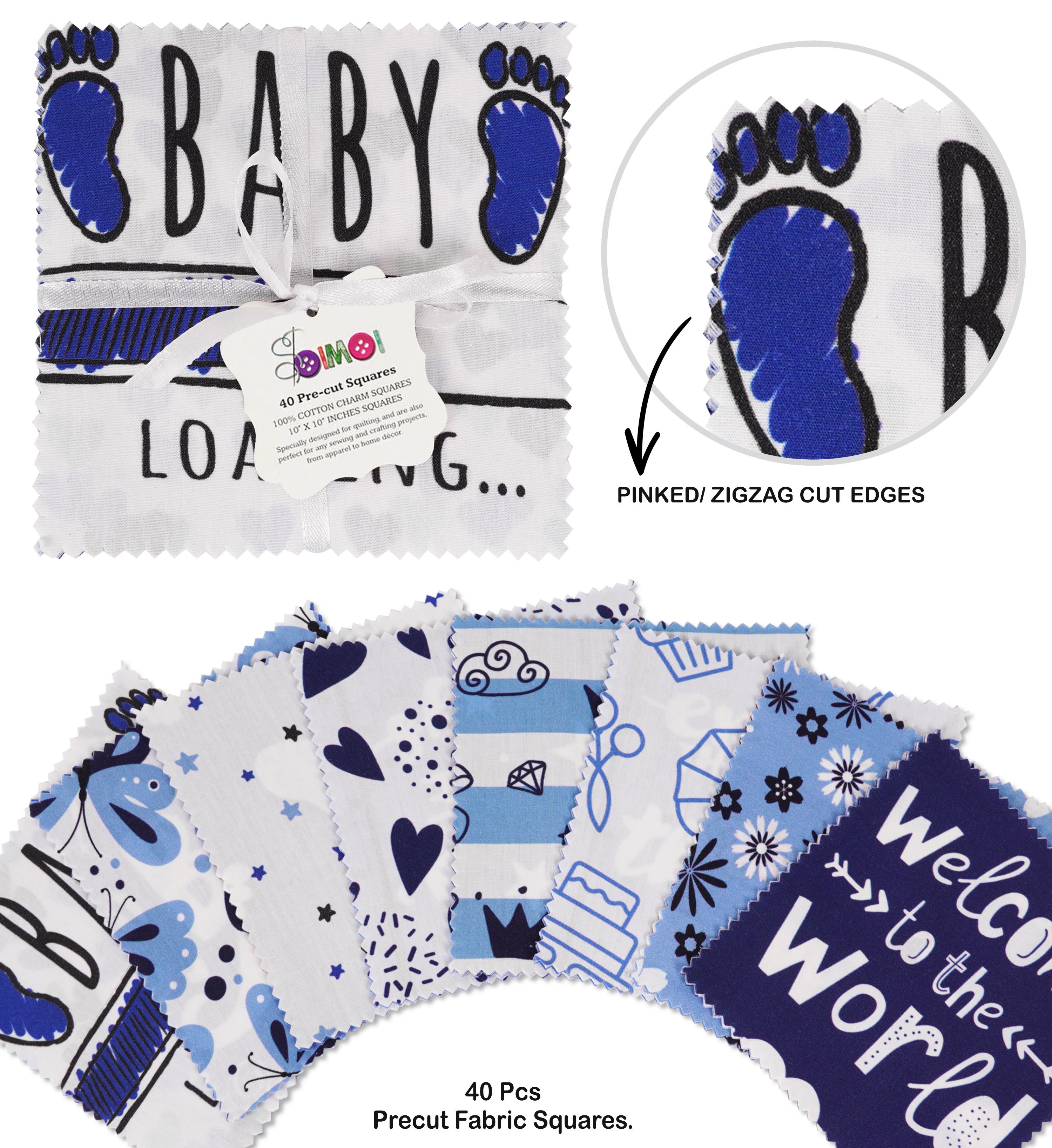 Soimoi Precut 10-inch Baby Girl Prints Cotton Fabric Bundle Quilting Squares Charm Pack DIY Patchwork Sewing Craft- Medium Blue