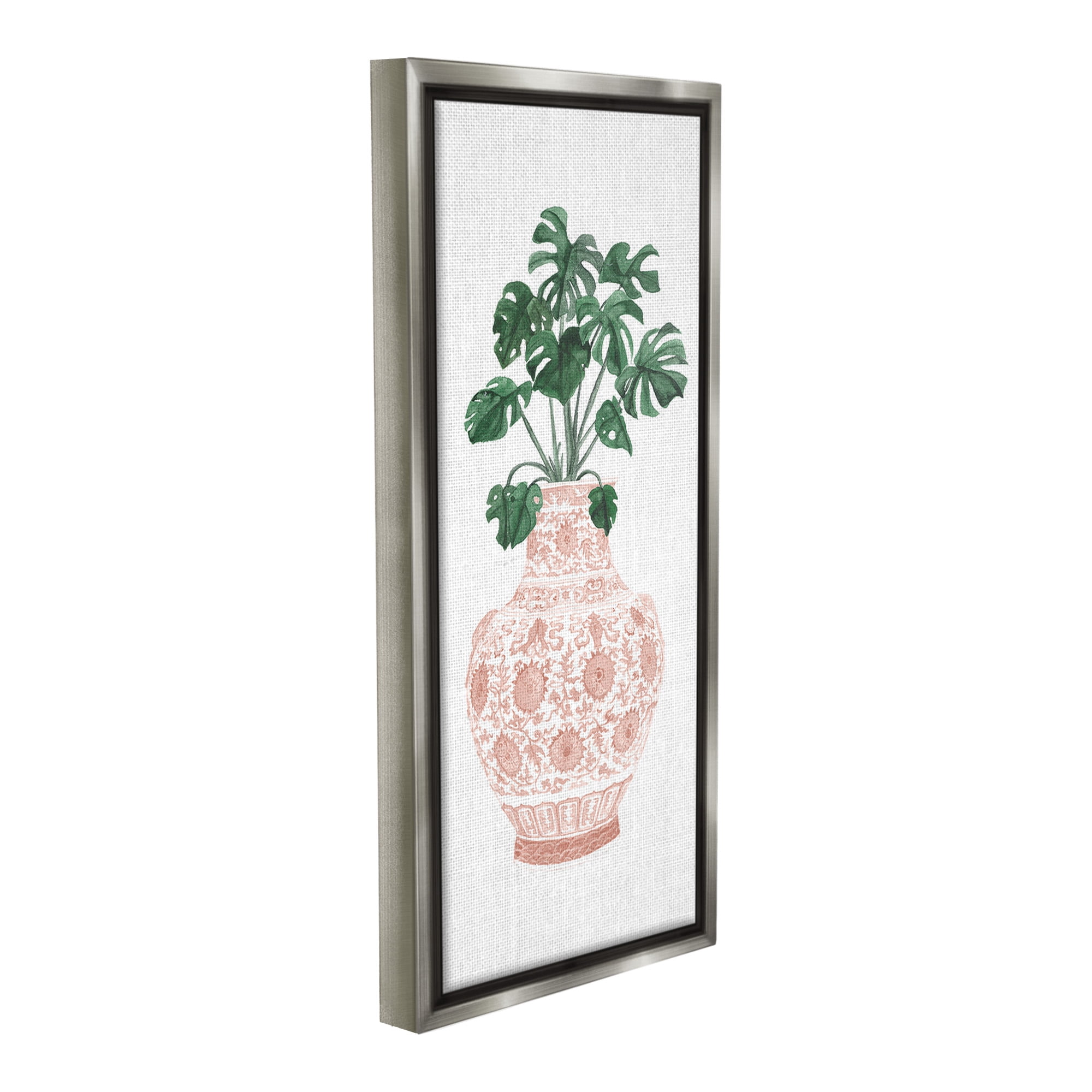 Stupell Industries Monstera with Ornate Vase Botanical & Floral Painting Gray Floater Framed Canvas Art Print Wall Art, 14 x 31